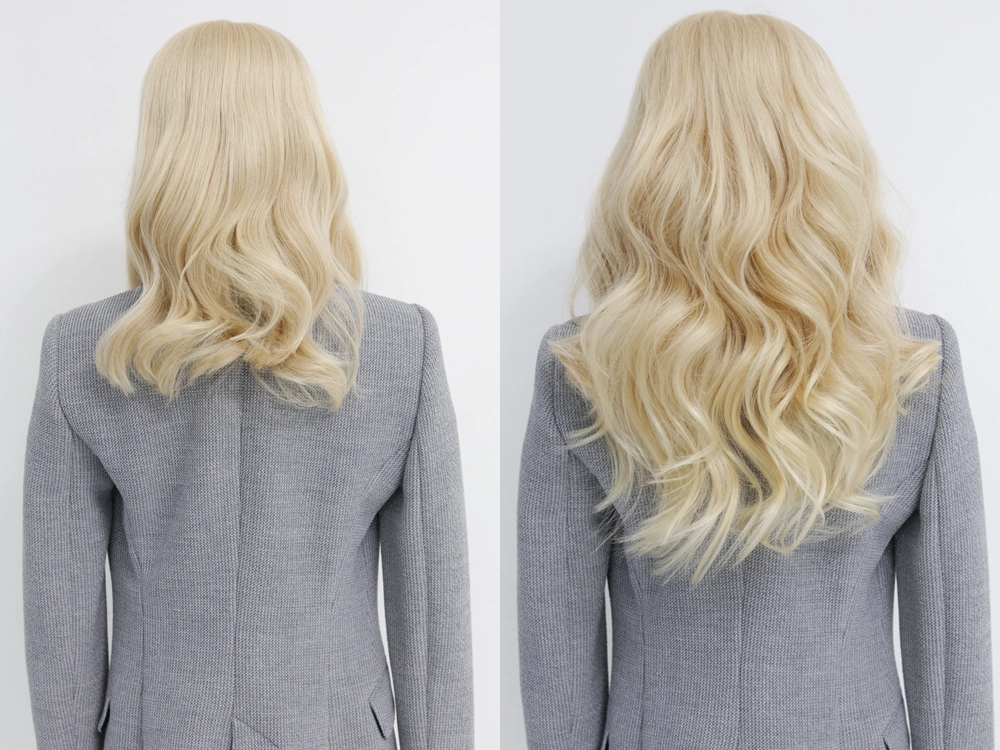 16 Inch tape-in hair extensions before-and-after effect