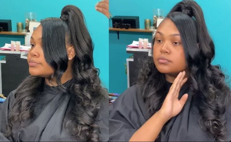 The hairstyle brings you the convenience of a sew-in with the timeless appeal of bangs. (Source: YouTube)