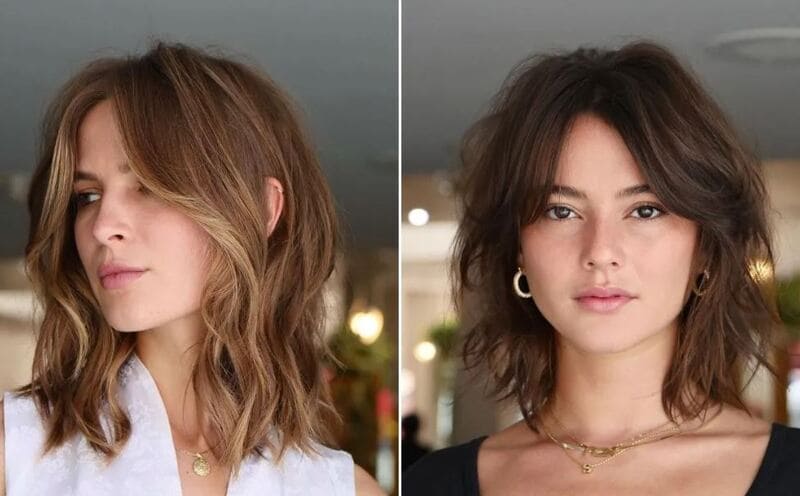 Compared to traditional bangs that sit above your eyes, curtain bangs are longer. (Source: The Right Hairstyles)