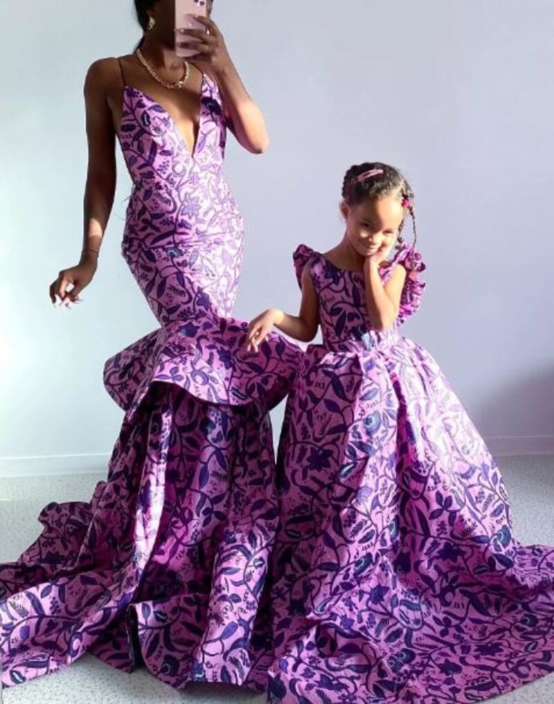 Rearmost maxi gown is among beautiful Nigerian dress styles. (Source: Shweshwe Home)