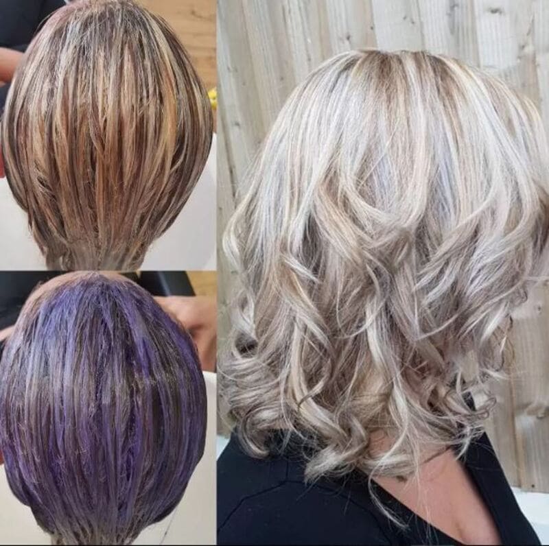 After using a purple toner, the hair can transform into a cooler, more neutral shade with less brassiness. (Source: Hera Hair Beauty)