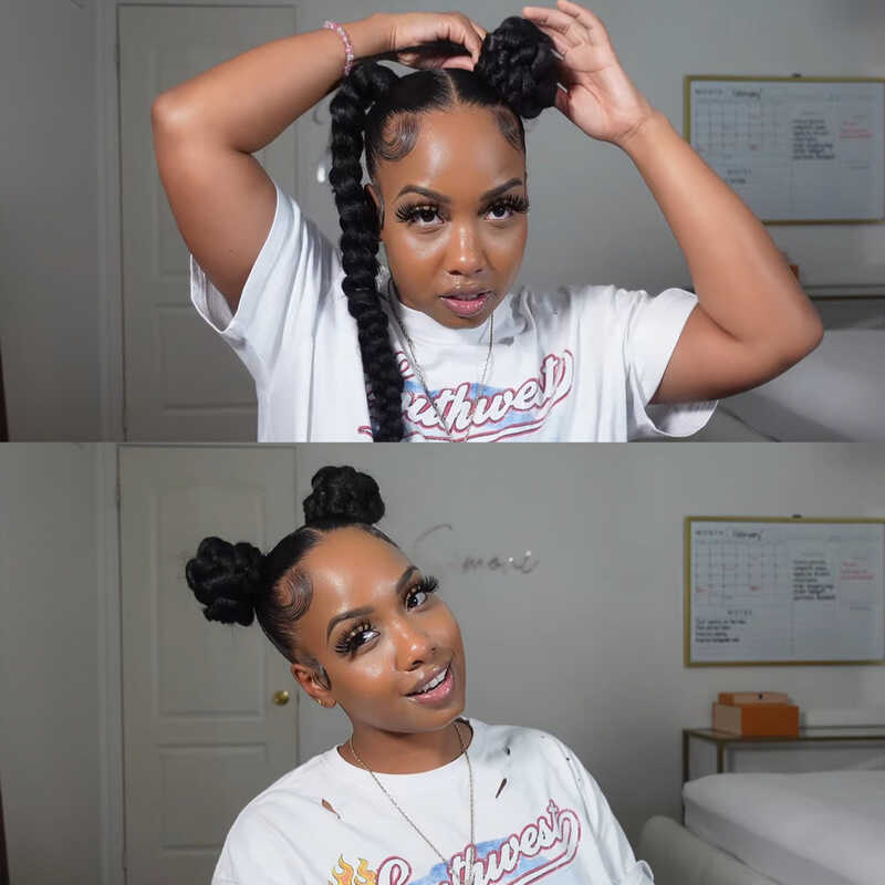 Transform your braids into buns by twisting them upwards from the base to the ends. (Source: Youtube @Nae.Simone)