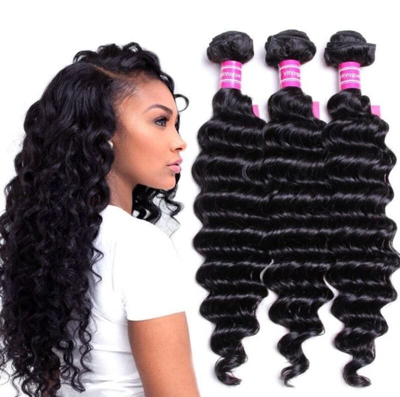 Deep wave black weave hair boasts curls that flow from the roots to the tips for a voluminous effect. (Source: Pinterest)