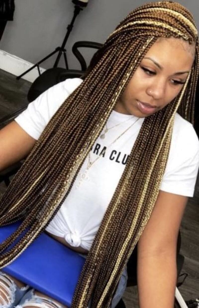 Box braids in blonde and brown hues offer a warm and natural look. (Source: Pinterest)