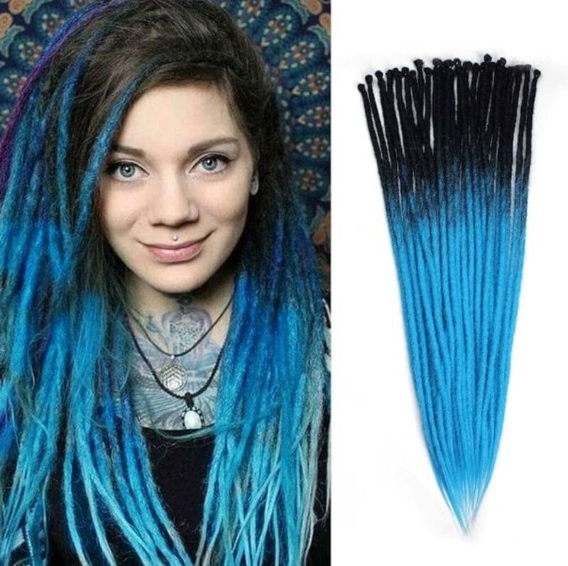 These blue ombre colored dreads will beautifully transition midway to the ends. (Source: Amazon.com)