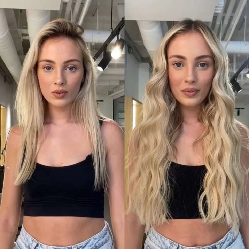 Long Blonde Hair Extensions Before and After (Source: Vixen & Blush)