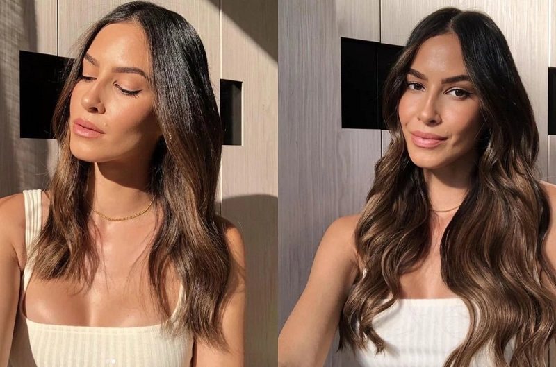 Long Brown Hair Extensions Before and After (Source: Sitting Pretty Halo Hair Extensions)