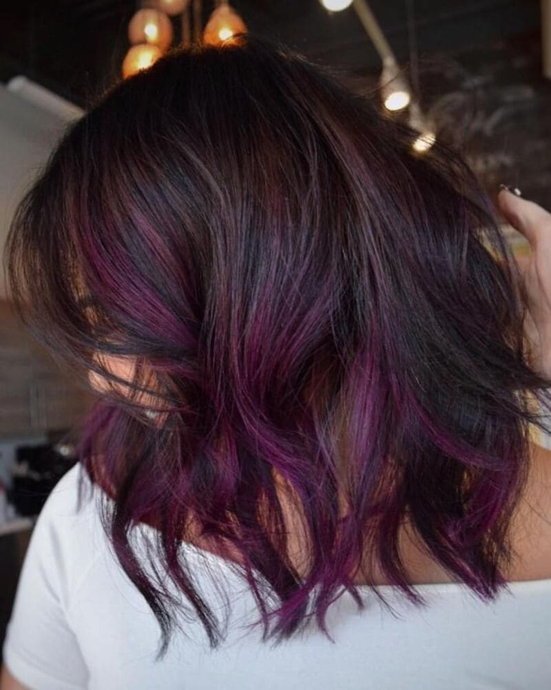 Lighter browns with dark purples might create a cool-toned brown (Source: The Right Hairstyles)