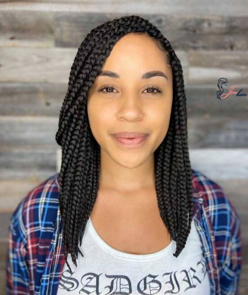 This particular style represents the fundamental form of medium-length box braids.