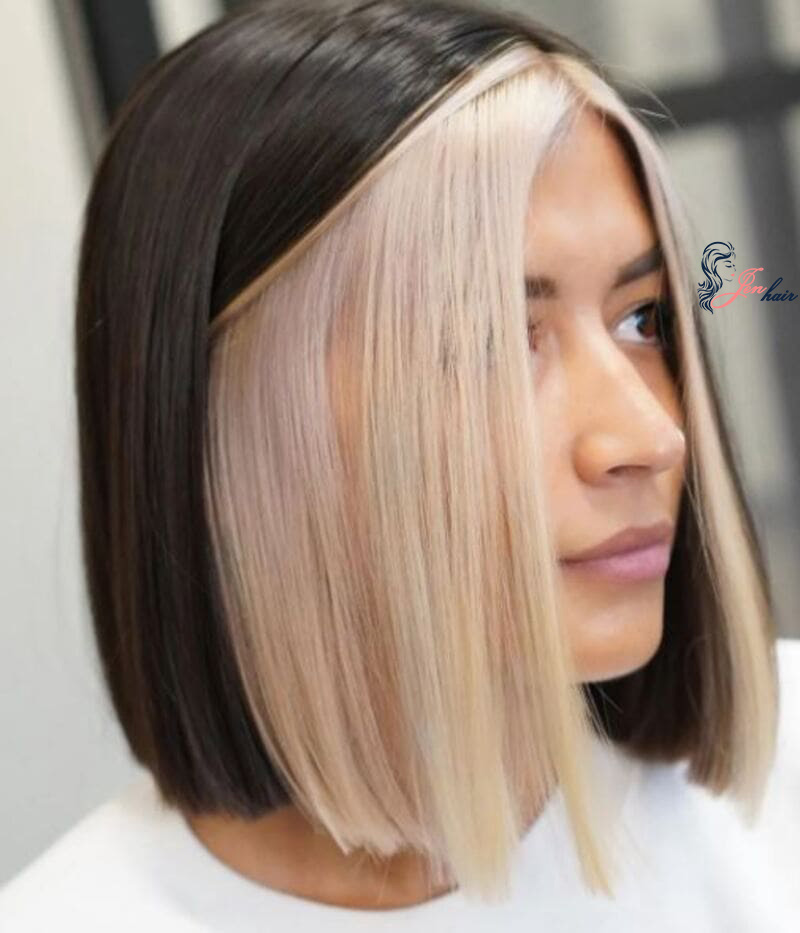 The angled bob provides a sense of movement and dynamism.