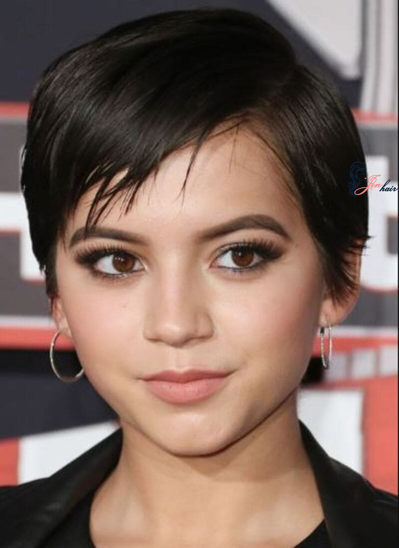 The strand length and the pixie cut create a distinctive appearance. 