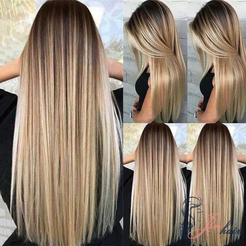 Elegant sleek and dark-rooted blonde straight hair